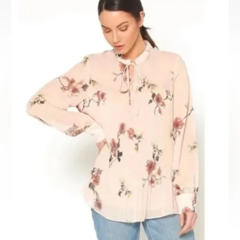 PLEIONE Women’s Blush Pink w Floral Print Tie Neck‎ Sheer Pleated Blouse Medium